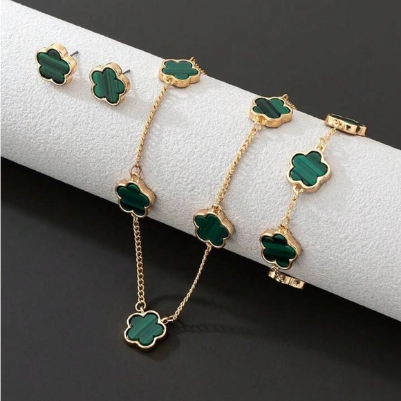 Lucky clover 18k gold color set necklace bracelet and earrings - Picture 7 of 14